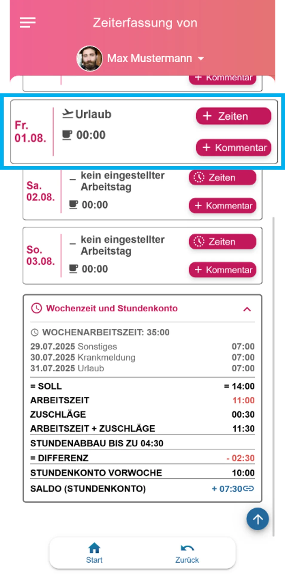 Zusehen ist die Wochenauswertung in der App, der Freitag ist farblich hervorgehoben. Der Eintrag „Urlaub“ ist sichtbar.