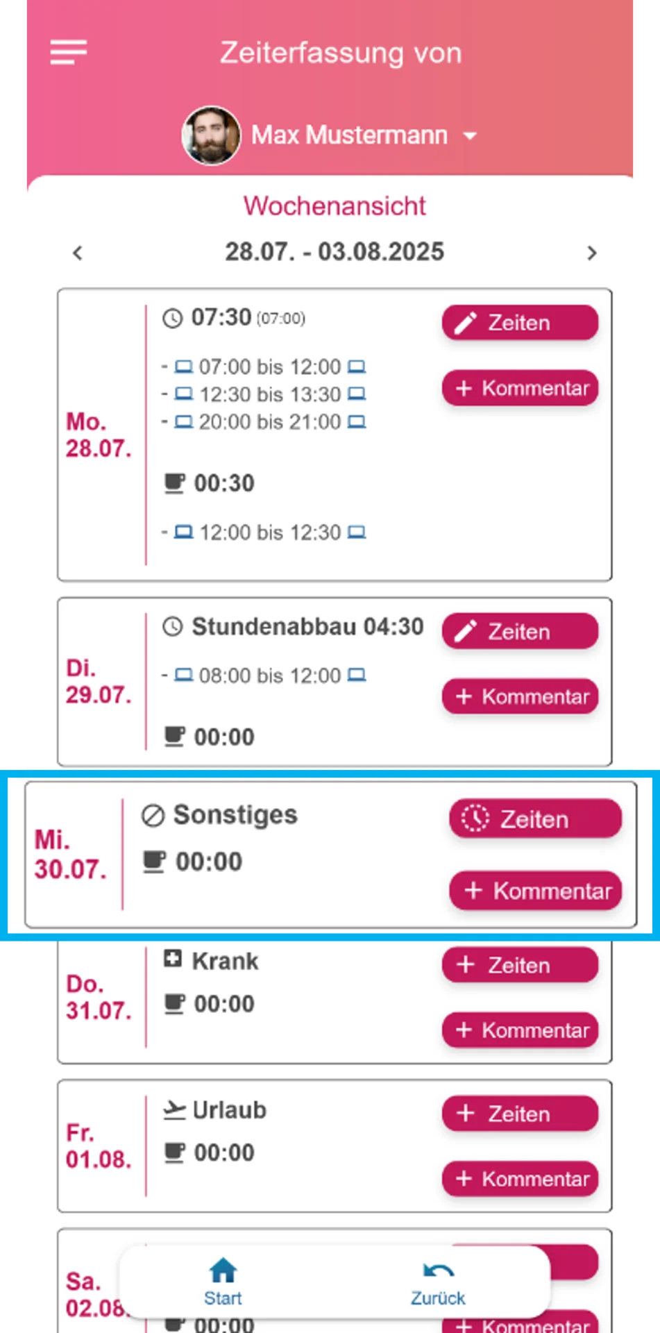Zusehen ist die Wochenauswertung in der App. Der Mittwoch ist farblich hervorgehoben. In der Ansicht ist die Kennzeichnung „Sonstiges“ sichtbar.