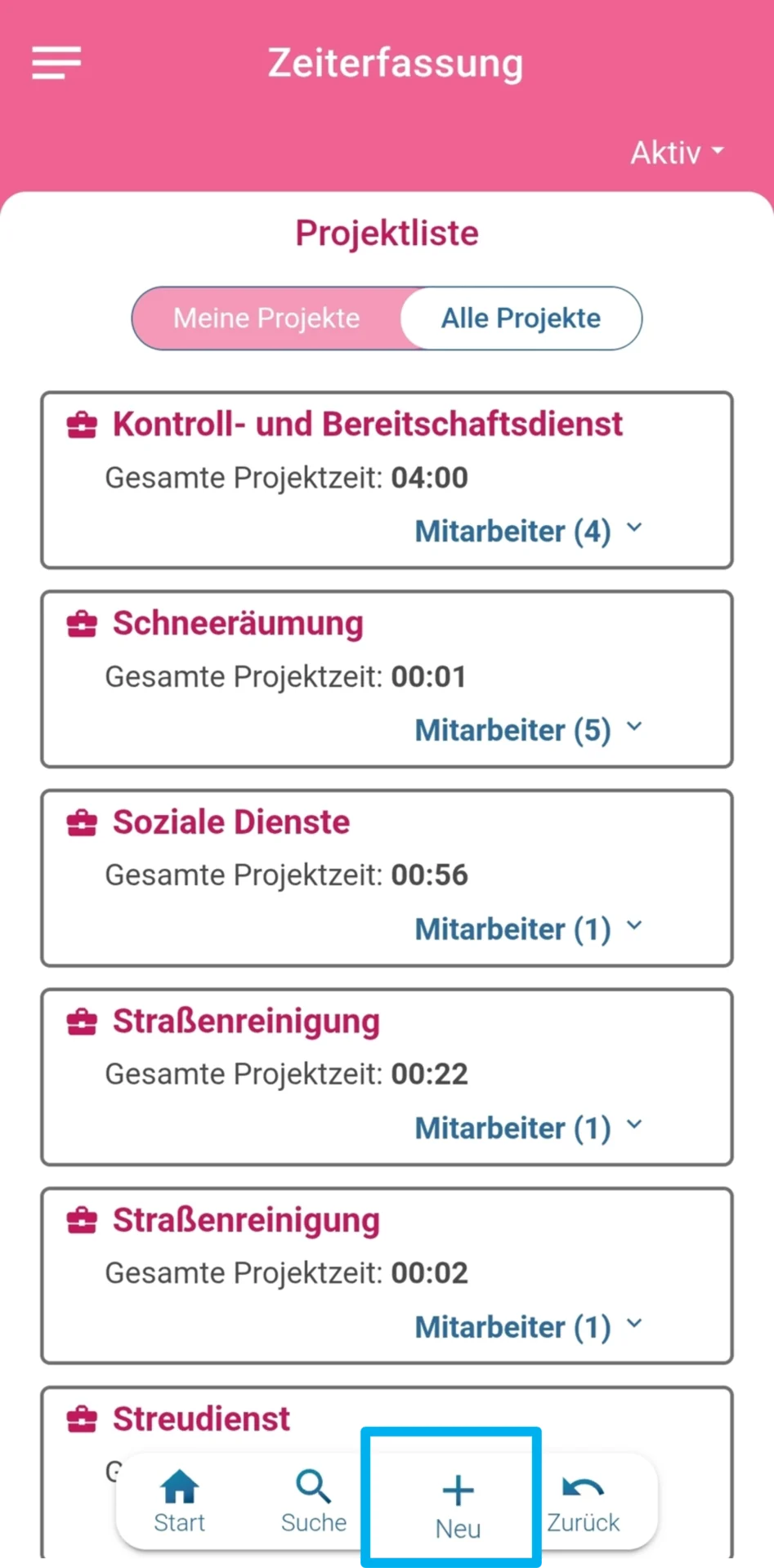 Zu sehen ist die Übersicht aller angelegten Projekte mit den Filteroptionen „Meine Projekte“ und „Alle Projekte“. Farblich hervorgehoben ist in der unteren Menüleiste der Button „Neu“.