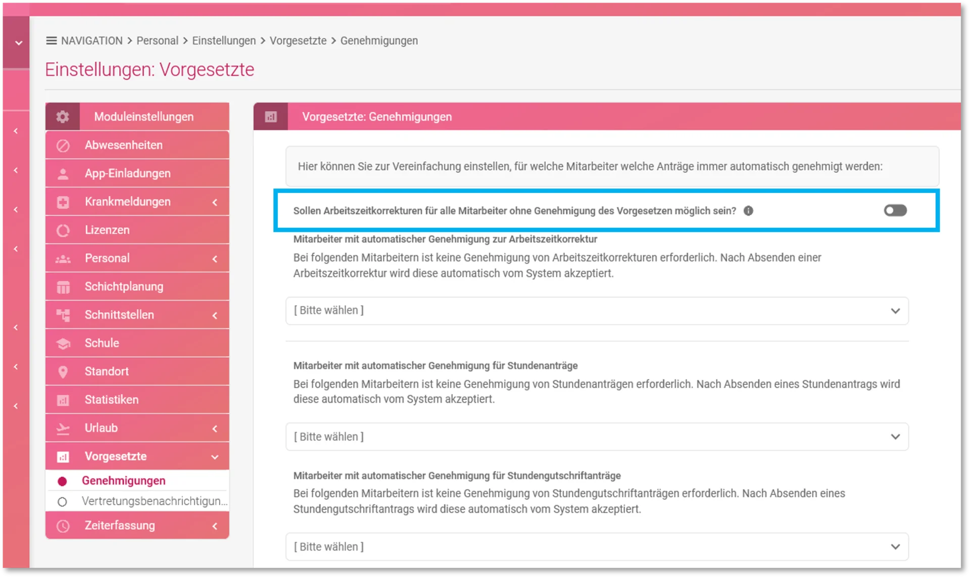 Zu sehen ist die Einstellung „Vorgesetzte: Genehmigungen“ der Zeiterfassung. Hervorgehoben ist die Option „Sollen Arbeitszeitkorrekturen für alle Mitarbeiter ohne Genehmigung des Vorgesetzten möglich sein?“.