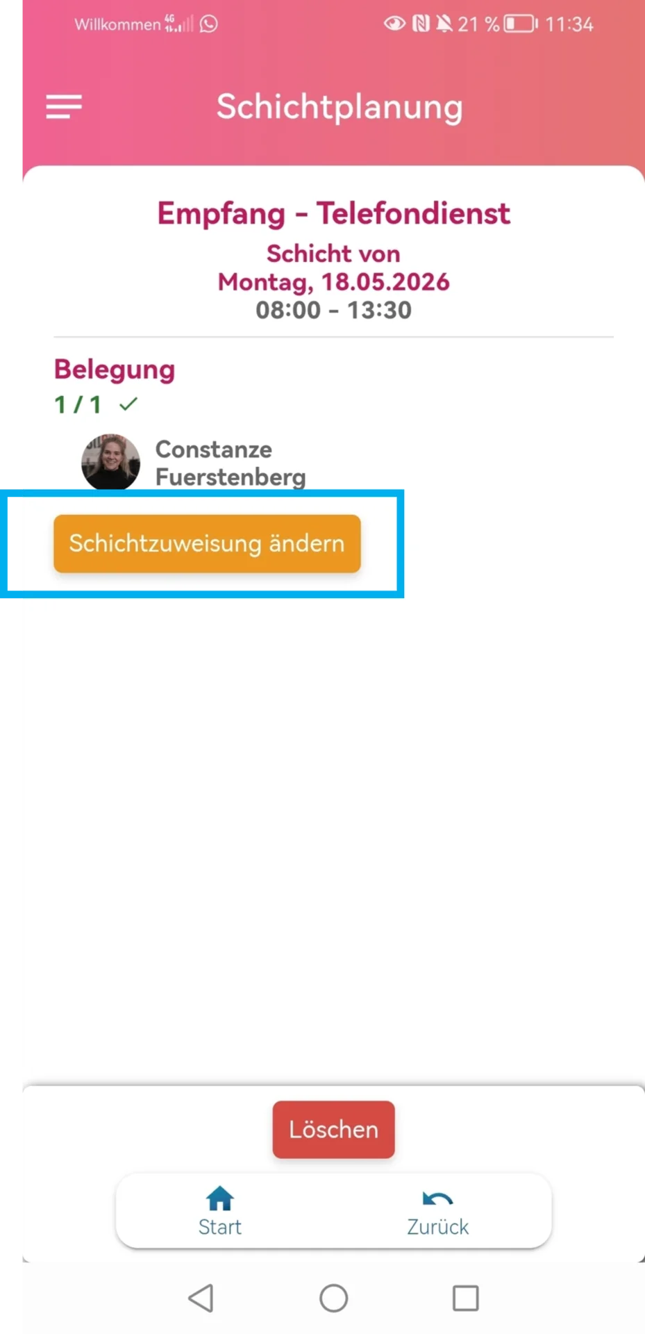 Zu sehen ist die Schichtplanung in der Mitarbeiter-App mit der Detailansicht einer bereits vergebenen Schicht. Hervorgehoben ist der Button „Schichtzuweisung ändern“.