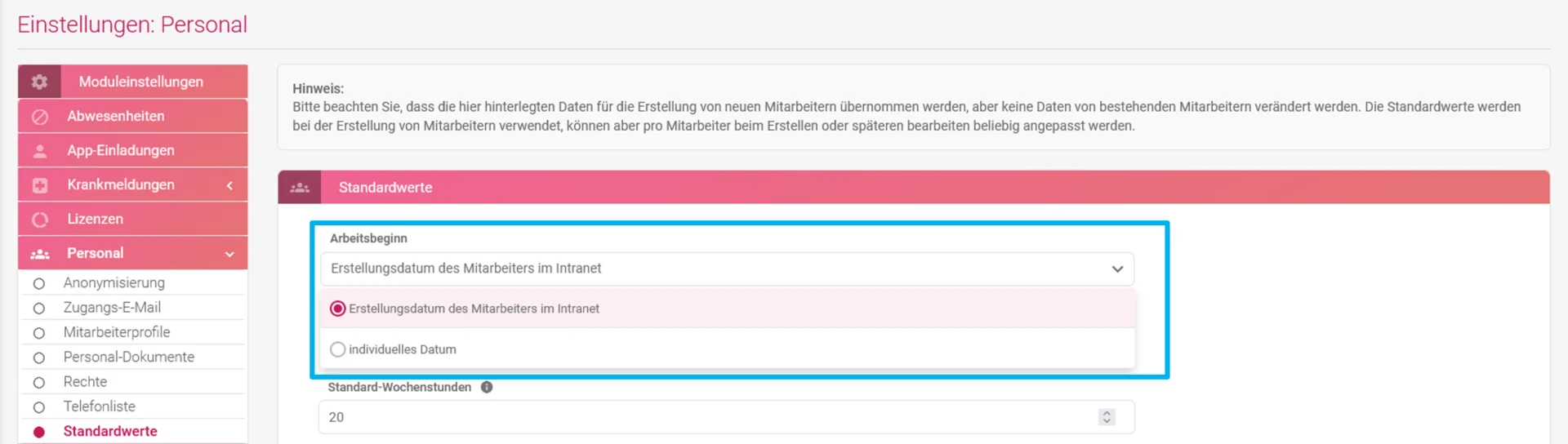Zu sehen ist in der Zeiterfassung die Einstellung „Standardwerte“. Hervorgehoben ist die Einstellung „Arbeitsbeginn“.