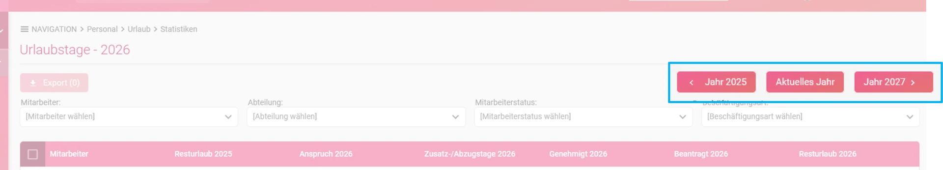 Zu sehen ist die Übersicht der Urlaubstage und hervorgehoben ist der Filter zum Wechseln der Jahre. 