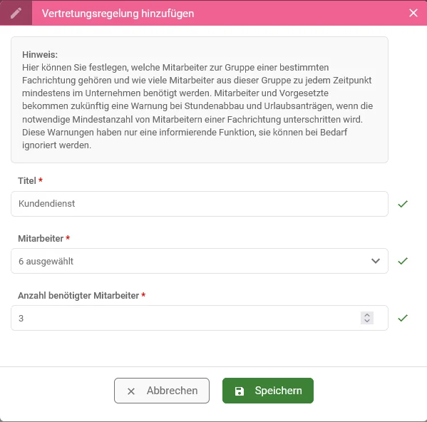Zu sehen ist die Erstellmaske für eine Vertretungsregelung mit den Feldern für Titel, Mitarbeiter und benötigte Mitarbeiter.