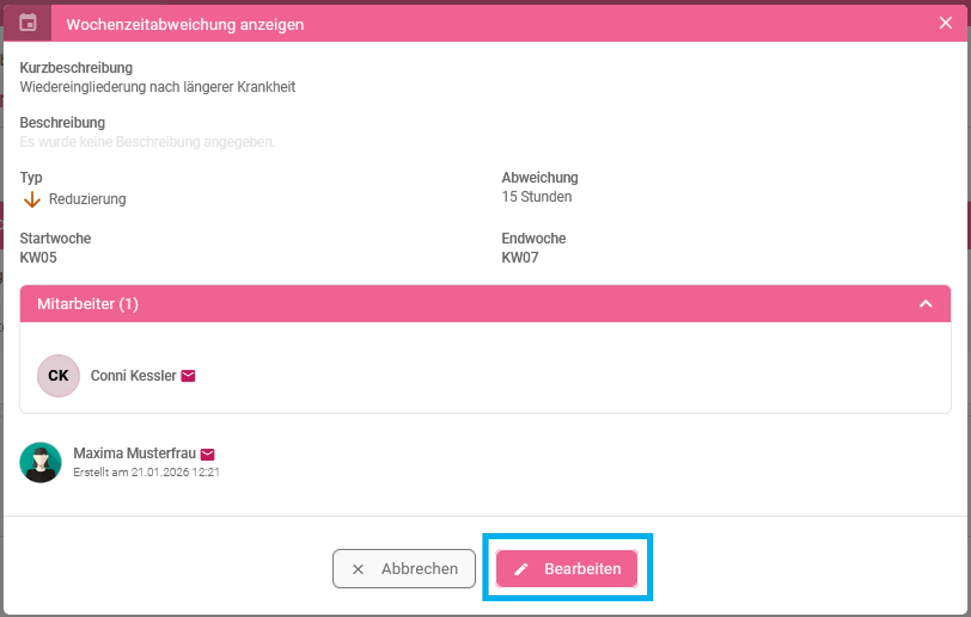 Zu sehen ist die Einzelansicht einer Wochenzeitabweichung. Farbig hervorgehoben ist der Button „Bearbeiten“.
