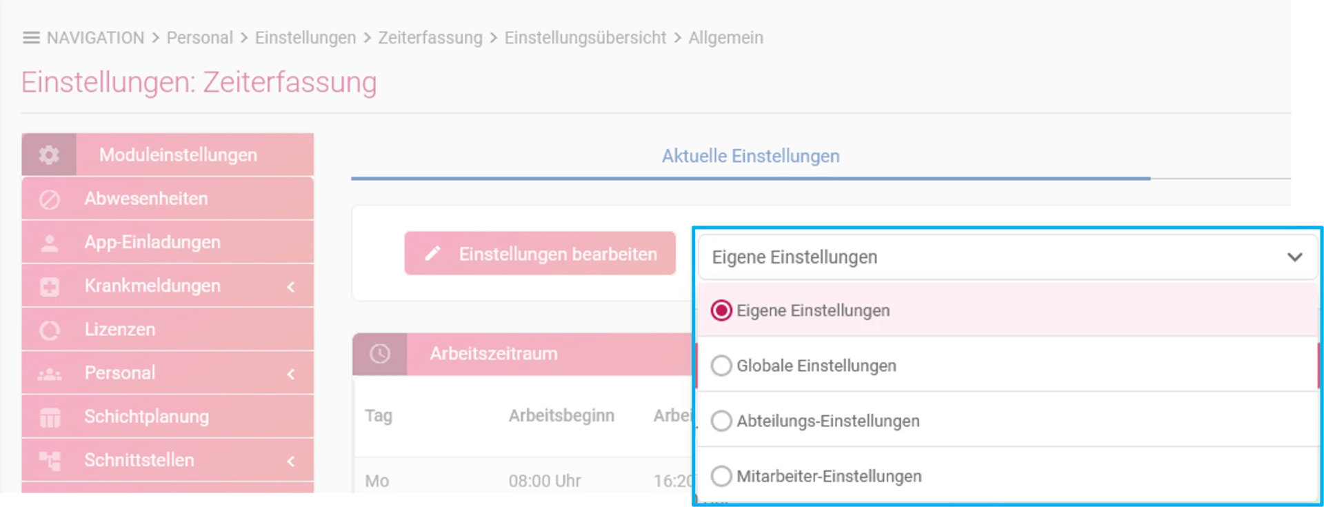 Zu sehen sind die Modul-Einstellungen. Farblich hervorgehoben ist der Bereich „Eigene Einstellungen“ mit dem Auswahlfeld zum Wechseln zwischen „Globalen Einstellungen“, „Abteilungs-Einstellungen“ und „Mitarbeiter-Einstellungen“.