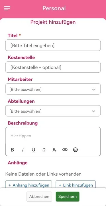 Zu sehen ist die Maske zum Erstellen eines Projekts in der App. Dort stehen Ihnen die Optionen zum Hinterlegen von Titel, Kostenstelle, Mitarbeitern, Abteilung sowie einer Beschreibung zur Verfügung.