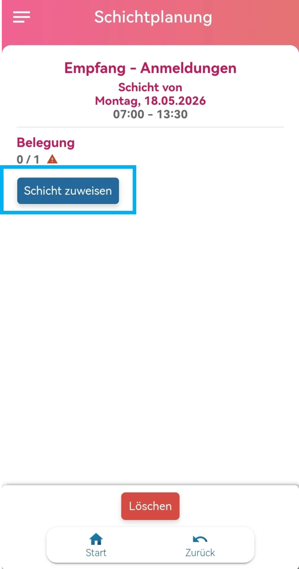 Zu sehen ist die Schichtplanung in der Mitarbeiter-App mit der Detailansicht der ausgewählten Schicht. Hervorgehoben ist der Button „Schicht zuweisen“.