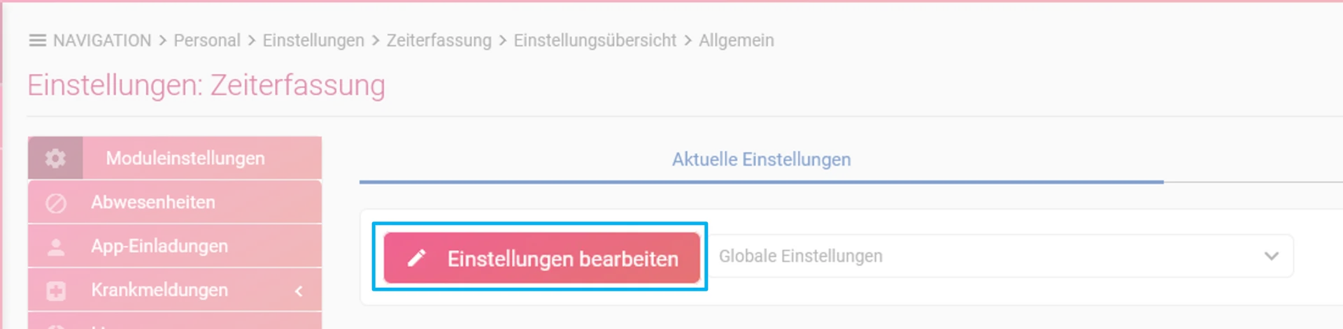 Zu sehen ist die Modul-Einstellung und farblich hervorgehoben ist der Button Einstellung bearbeiten.