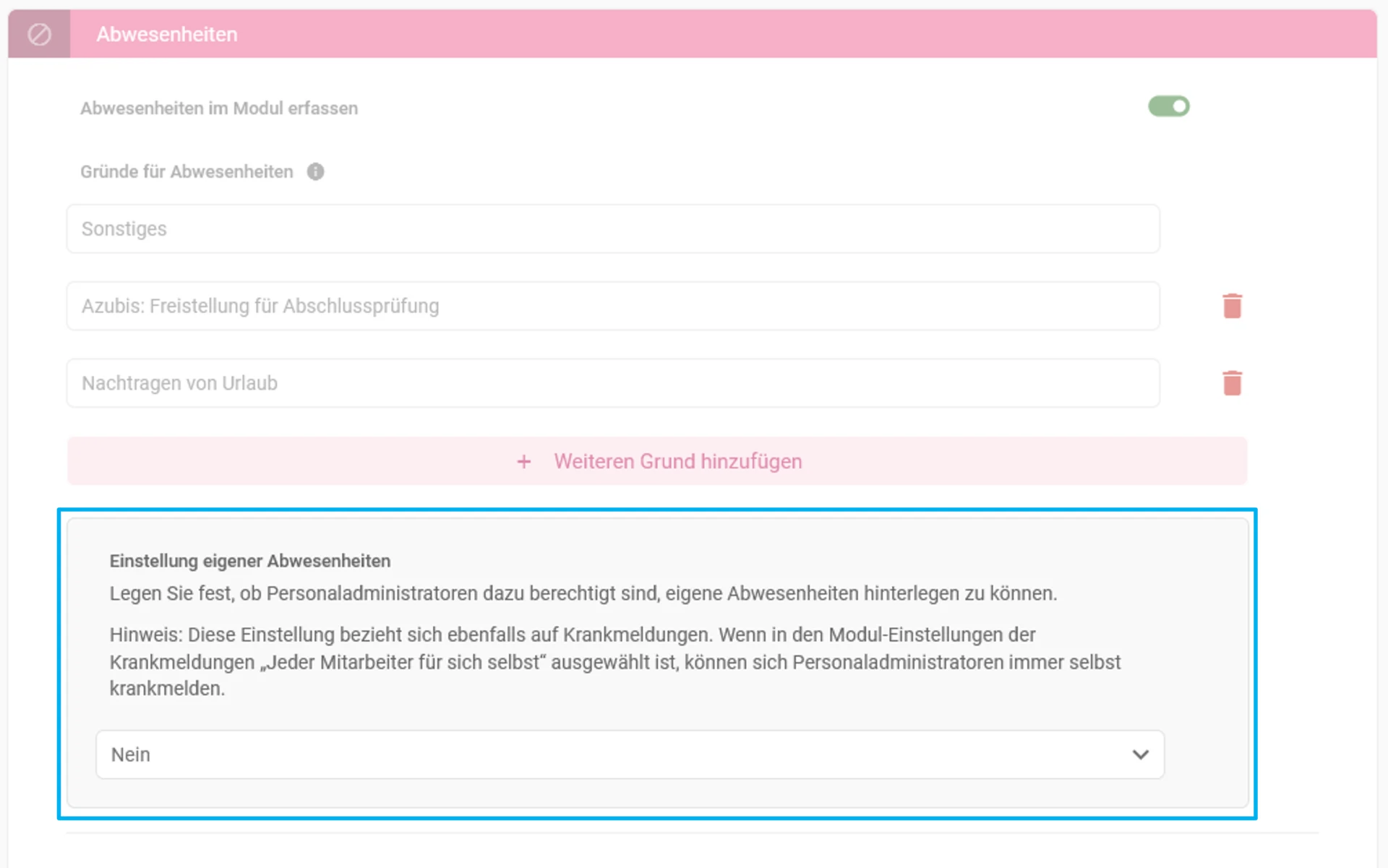 Zu sehen sind die Einstellungen für Abwesenheiten. Farblich hervorgehoben ist die Option „Einstellung eigener Abwesenheiten“.