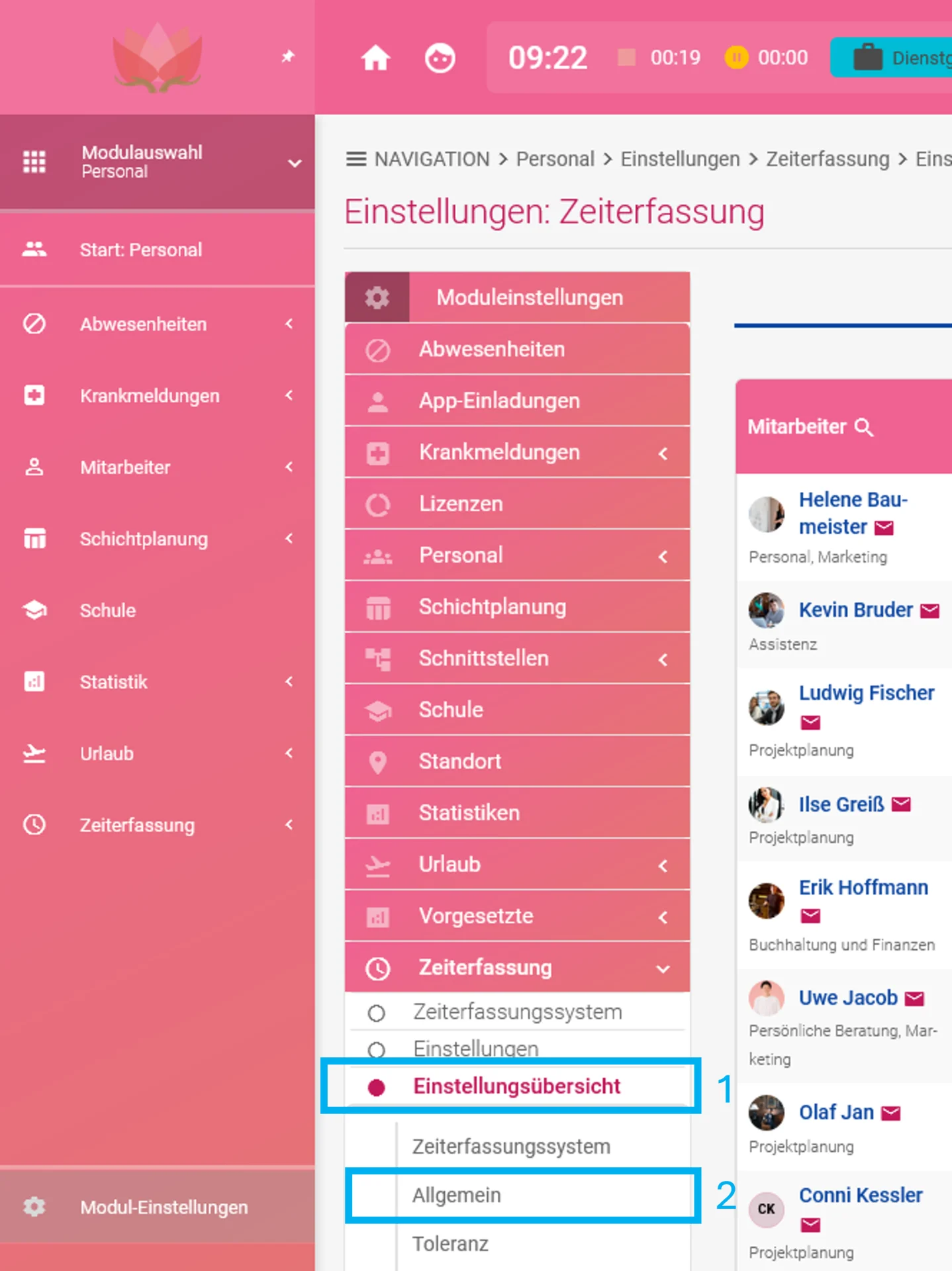 Zu sehen sind die Modul-Einstellungen. Farblich hervorgehoben sind die Punkte „Einstellungsübersicht“ und „Allgemein“.