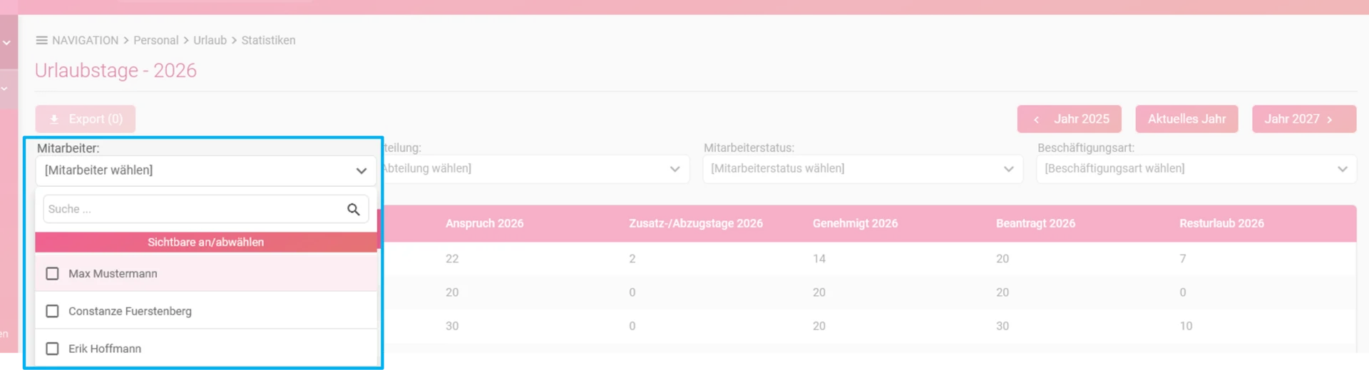 Zu sehen ist die Übersicht der Urlaubstage und hervorgehoben ist der Filter Mitarbeiter.
