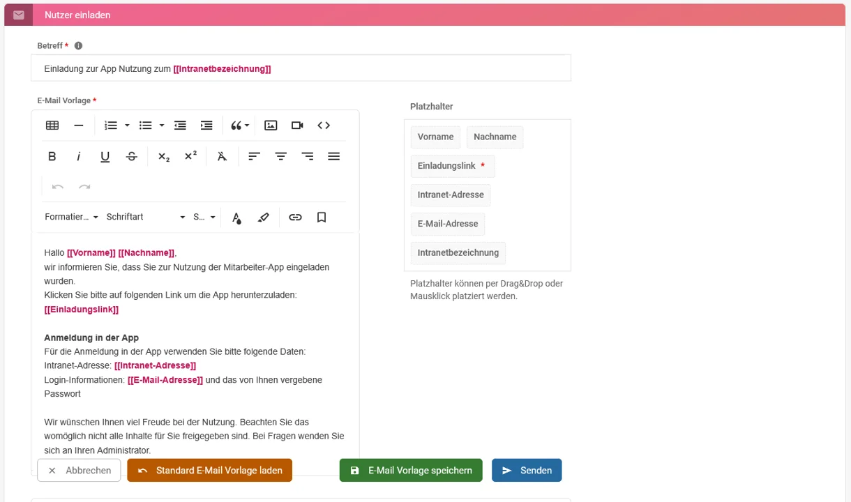 Zu sehen ist die Zeiterfassung mit der geöffneten E-Mail-Vorlage für die App-Einladung.