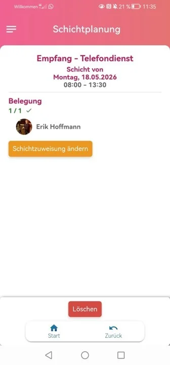 Zu sehen ist die Schichtplanung in der Mitarbeiter-App mit der Detailansicht einer Schicht. Hervorgehoben ist der neu zugewiesene Mitarbeiter.