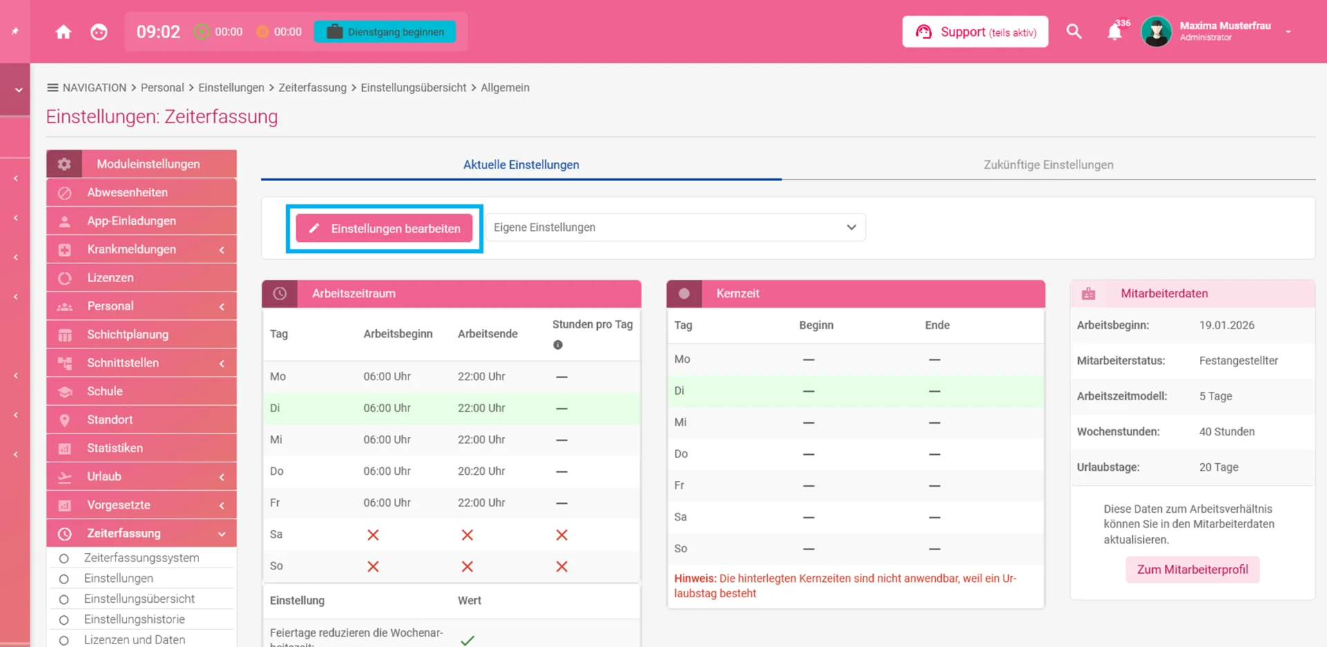 Zu sehen ist die aktuelle Einstellung zu den Arbeitszeiten. Farblich hervorgehoben ist der Button „Einstellung bearbeiten“.