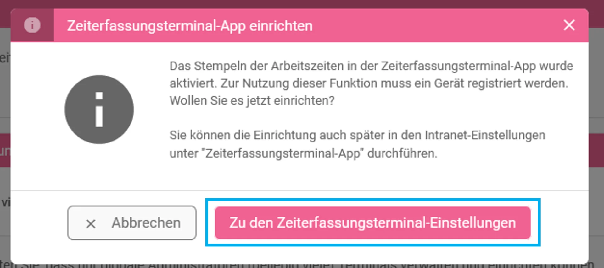 Zusehen ist das Fenster zur Einrichtung der Terminal-App. Farblich hervorgehoben ist der Button Zu den Zeiterfassungsterminal-Einstellungen.