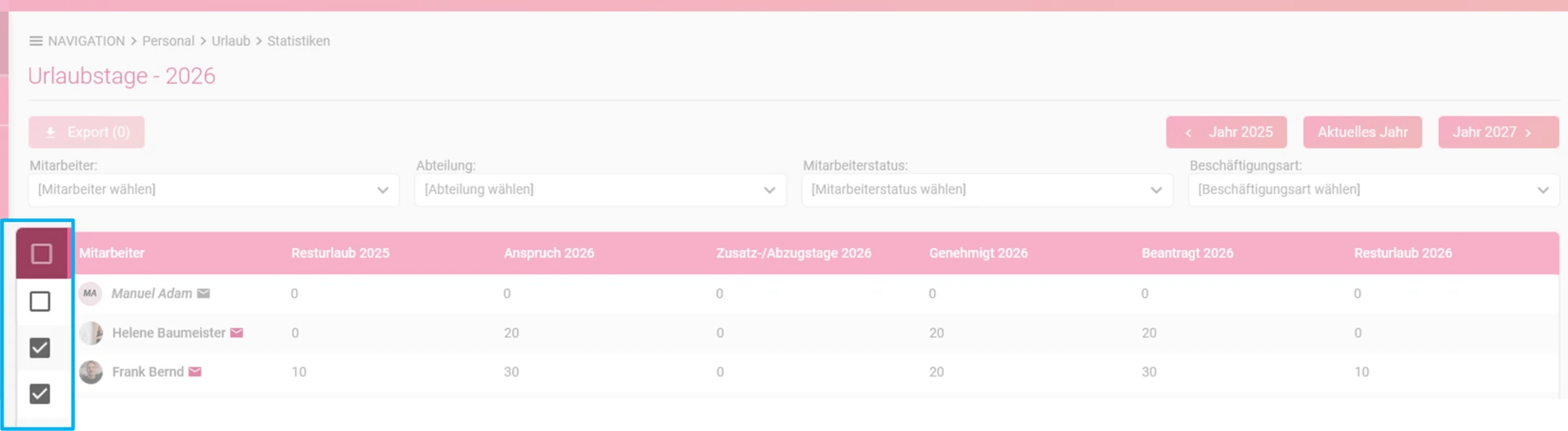 Zu sehen ist die Übersicht der Urlaubstage und hervorgehoben ist die Spalte mit der Checkbox.