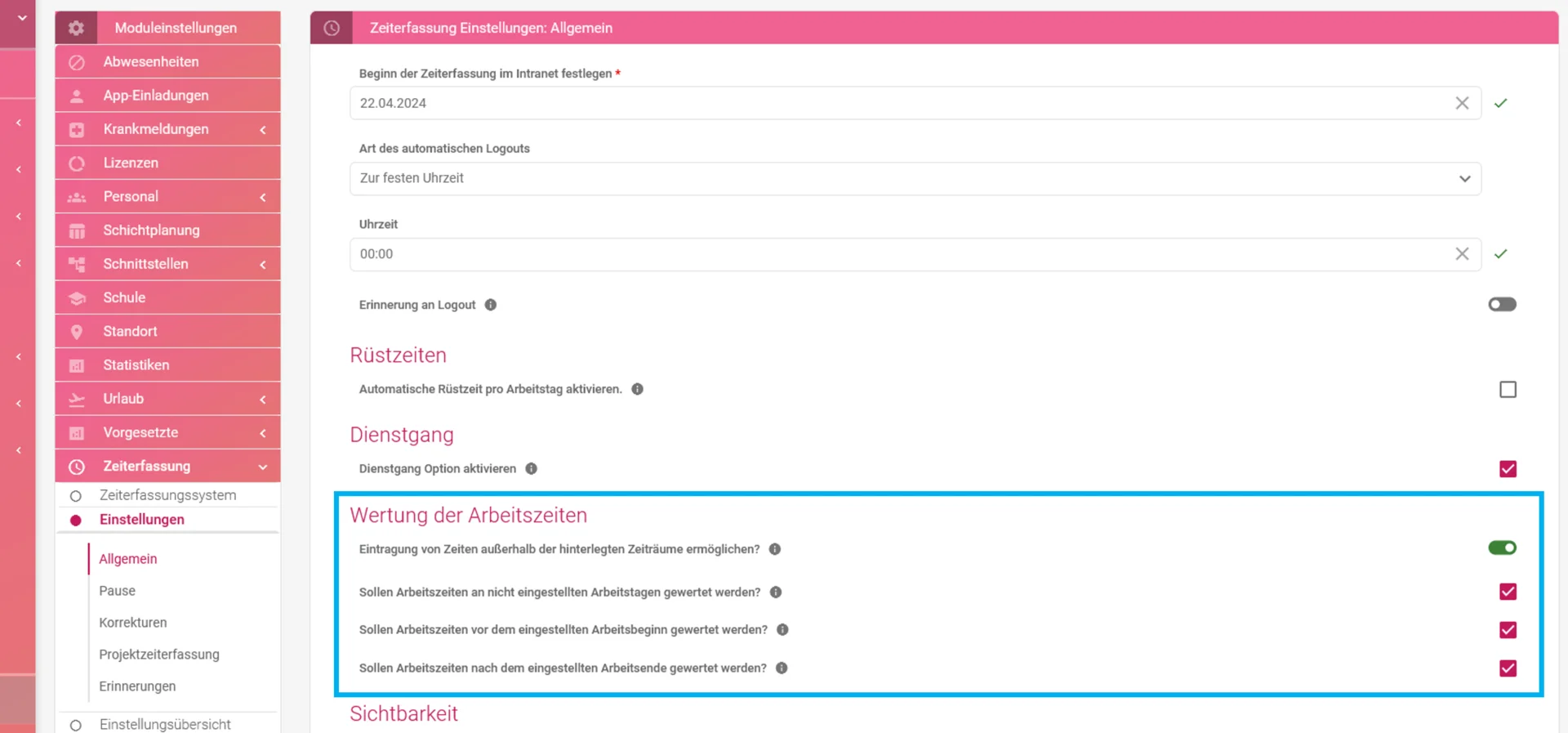 Zu sehen ist die Modul-Einstellung mit der aktivierten Option „Wertung der Arbeitszeiten“ sowie den dazugehörigen Untereinstellungen.