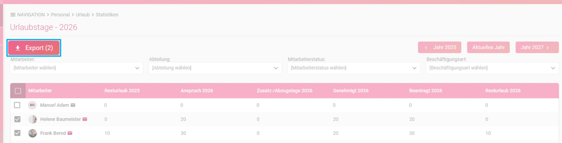 Zu sehen ist die Übersicht der Urlaubstage und hervorgehoben ist der Button Export.