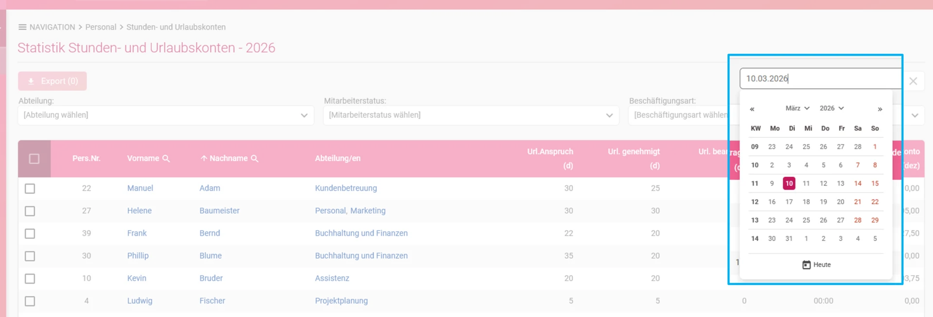 Zu sehen ist die Übersicht Stunden- und Urlaubskonten, hervorgehoben ist der Filter für das Datum. 