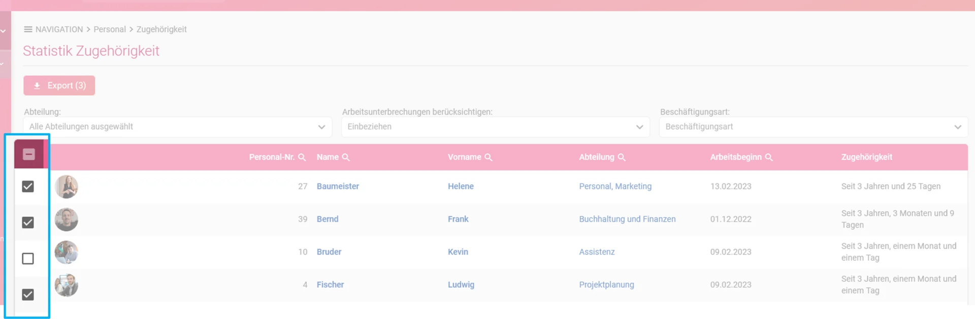 Zu sehen ist die Übersicht der Zugehörigkeitsstatistik mit der Auswahl der Mitarbeiter.