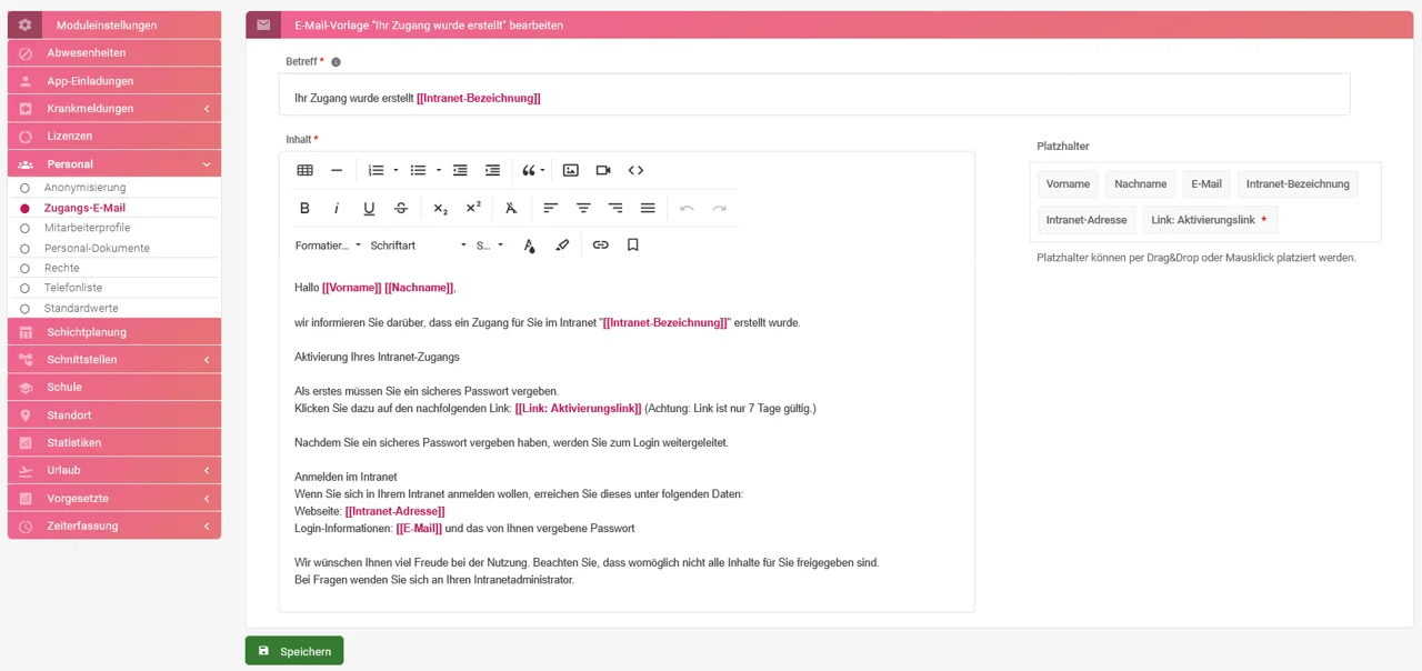 Zu sehen ist die Zeiterfassung mit der geöffneten Einstellung „Zugangs-E-Mail“.