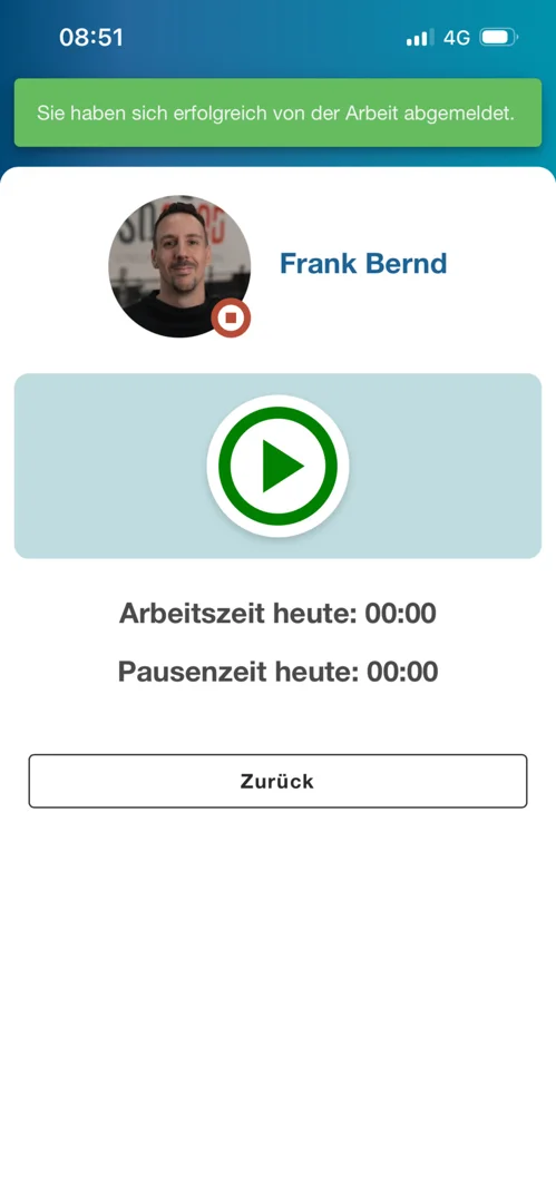 Zu sehen ist das eigene Mitarbeiterprofil mit dem Hinweis, dass die Abmeldung von der Arbeit erfolgreich erfolgt ist.