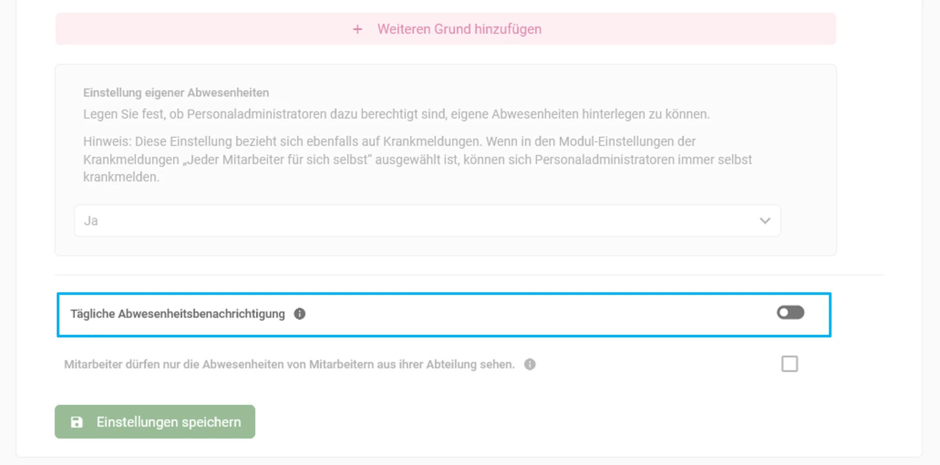 Zu sehen sind die Einstellungen für Abwesenheiten. Farblich hervorgehoben ist die Option für die tägliche Abwesenheitsbenachrichtigung.