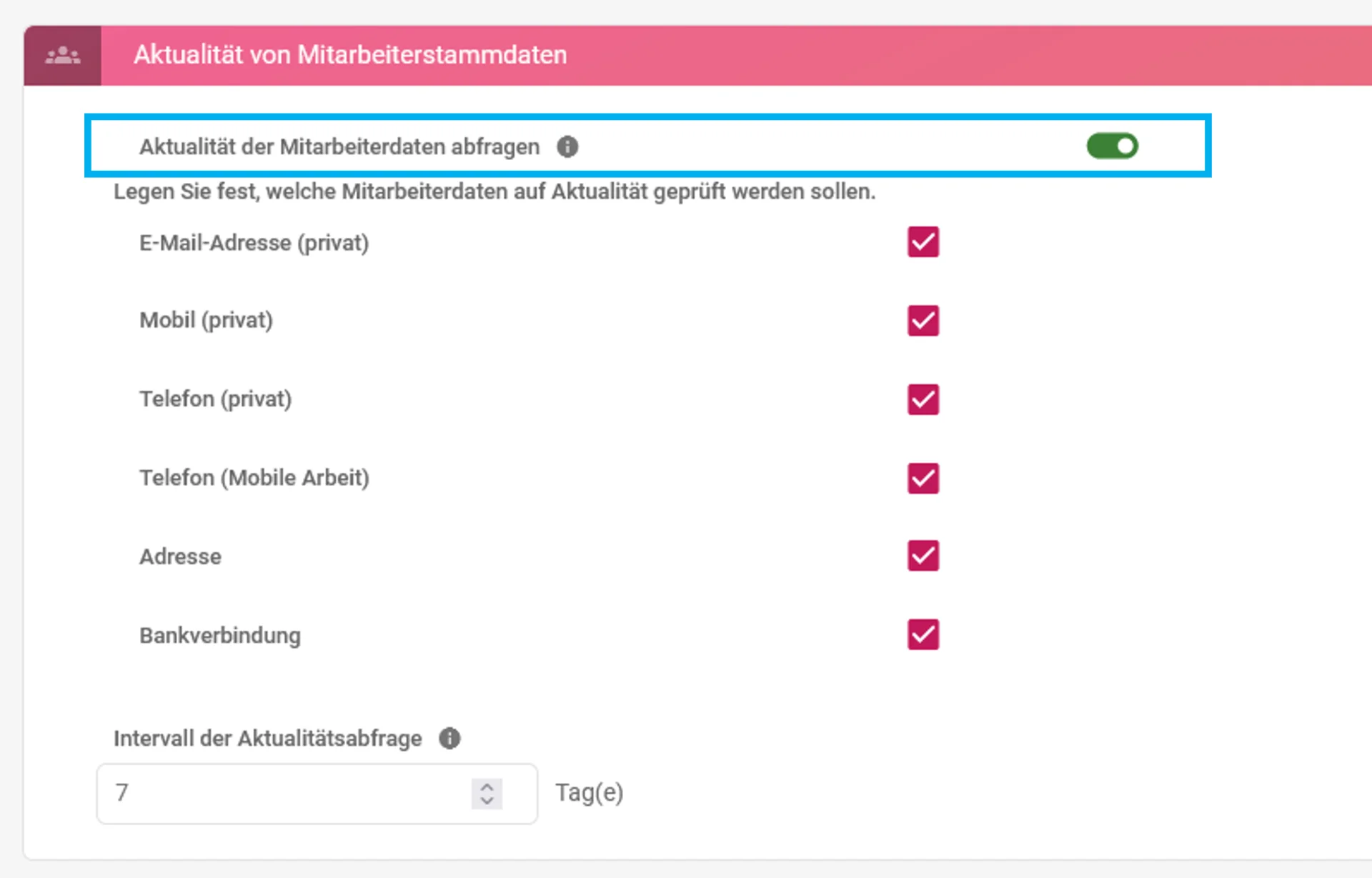 Zu sehen ist die Zeiterfassung mit der geöffneten Einstellung „Aktualität der Mitarbeiterstammdaten“.