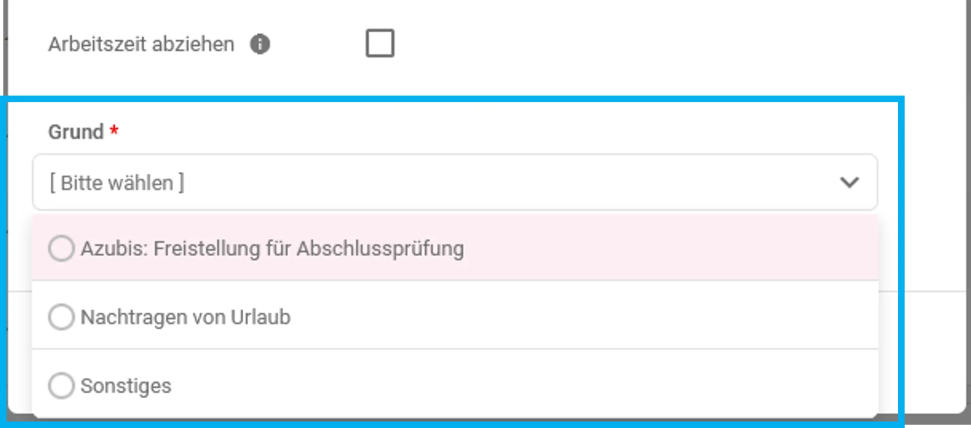 Zusehen ist ein Ausschnitt der geöffneten Bearbeitungsmaske, in dem der Bereich Grund farblich hervorgehoben ist. Angezeigt werden drei verschiedene Gründe, darunter „Sonstiges“.