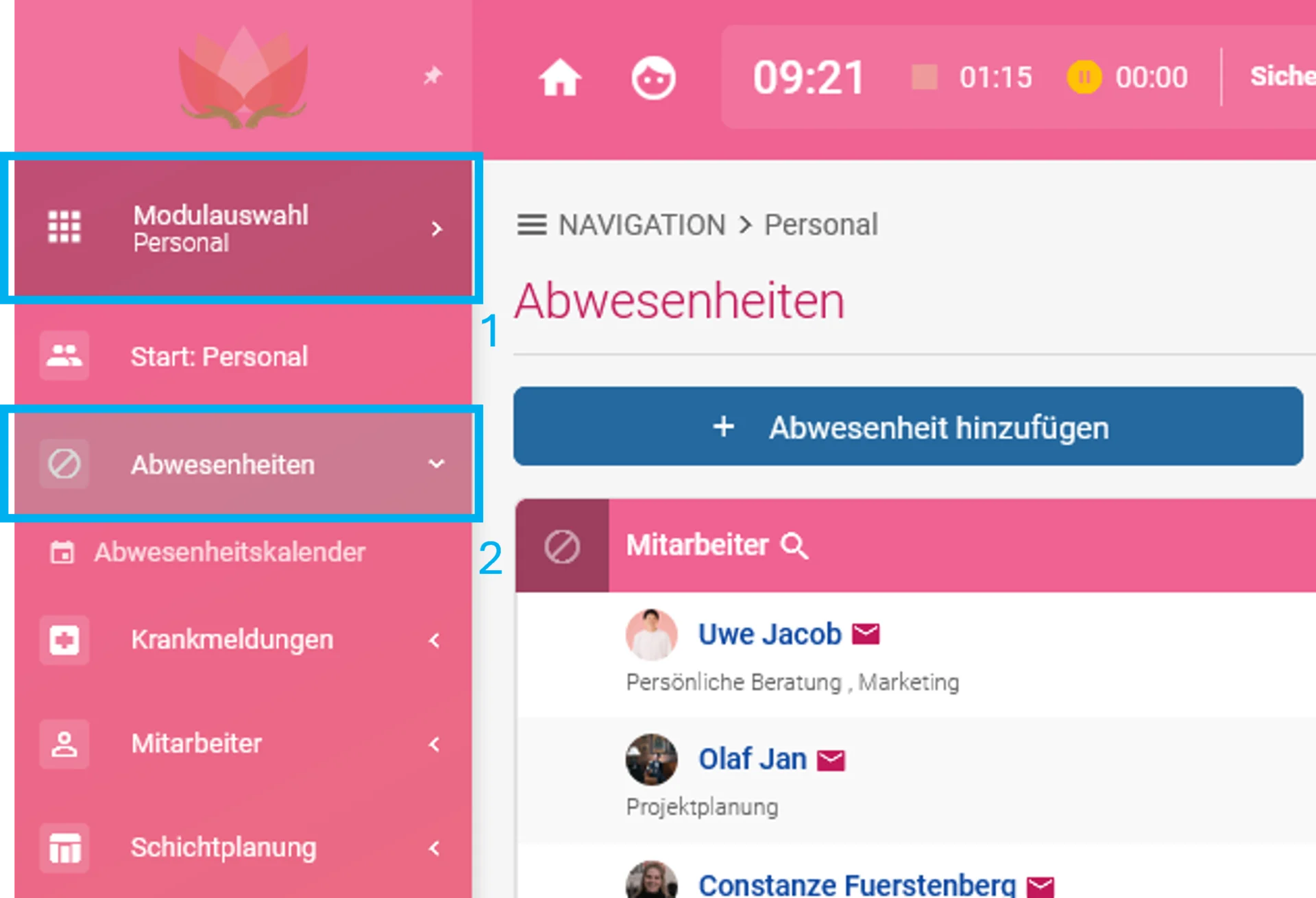 Zusehen ist die geöffnete Modulauswahl: Personal ist farblich hervorgehoben und mit einer 1 markiert, Abwesenheiten ist ebenfalls farblich hervorgehoben und mit einer 2 markiert. Rechts im Inhaltsbereich sind die geöffneten Abwesenheiten zu sehen.