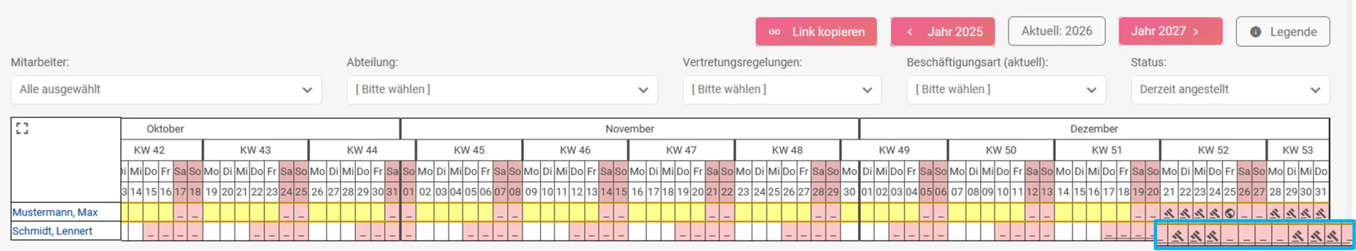 Zu sehen ist der Abwesenheitskalender, farblich hervorgehoben ist der Pflichturlaub.