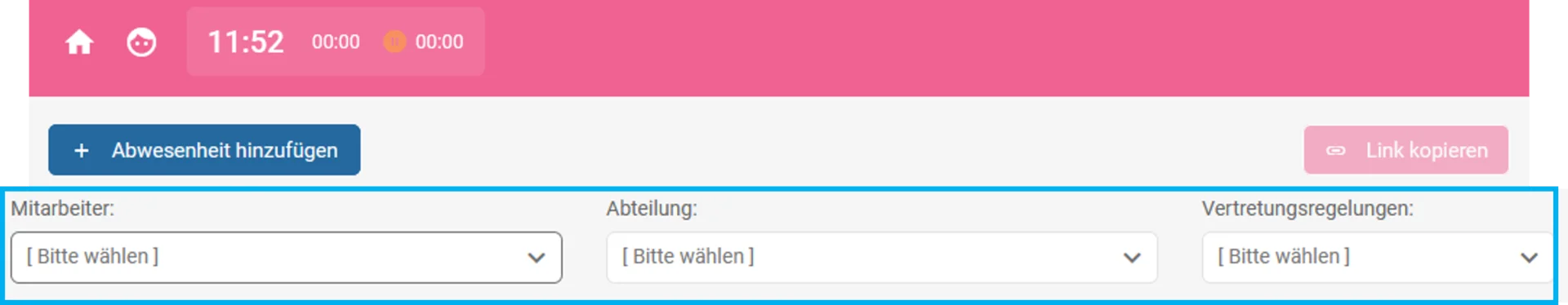 Zusehen sind die 3 Auswahloptionen im Browser Mitarbeiter, Abteilungen und Vertretungsregeln.