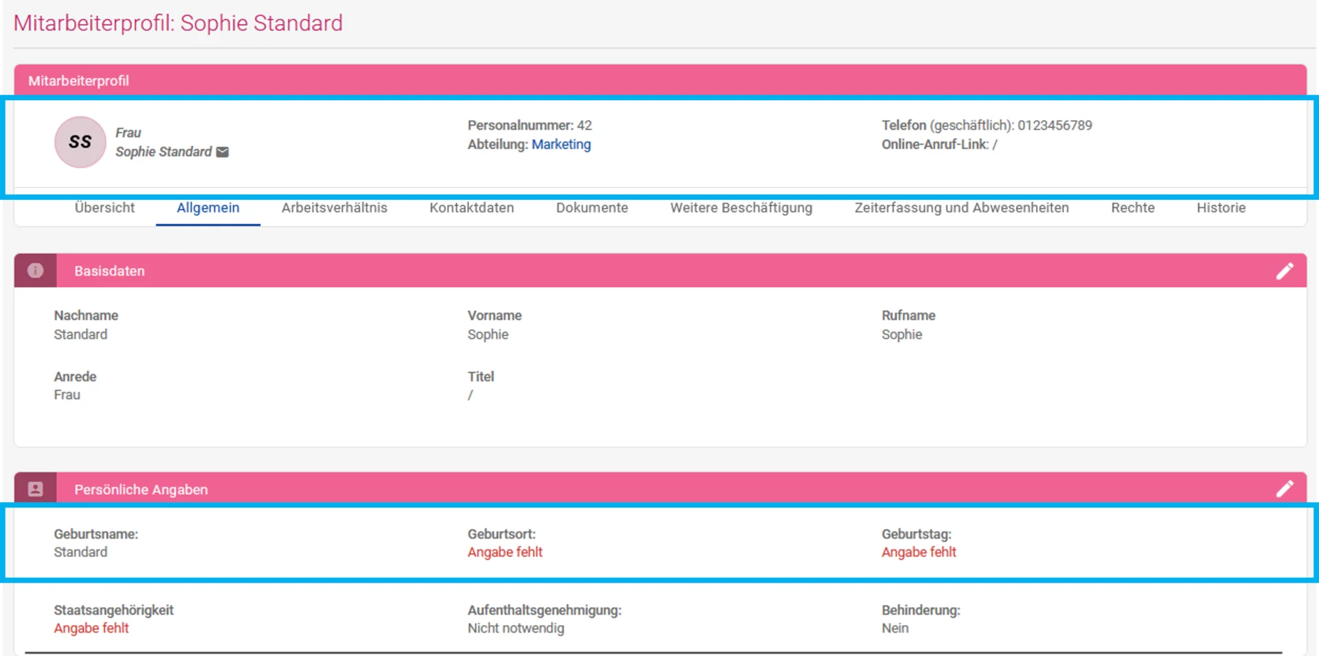 Zusehen ist das Mitarbeiterprofil nach der Anonymisierung. Hervorgehoben sind der Bereich Mitarbeiterprofil, in dem das Profilbild sowie die Angaben zur geschäftlichen E-Mail fehlen, sowie der Bereich Persönliche Angaben, aus dem Geburtsort, Geburtstag und Staatsangehörigkeit entfernt wurden.