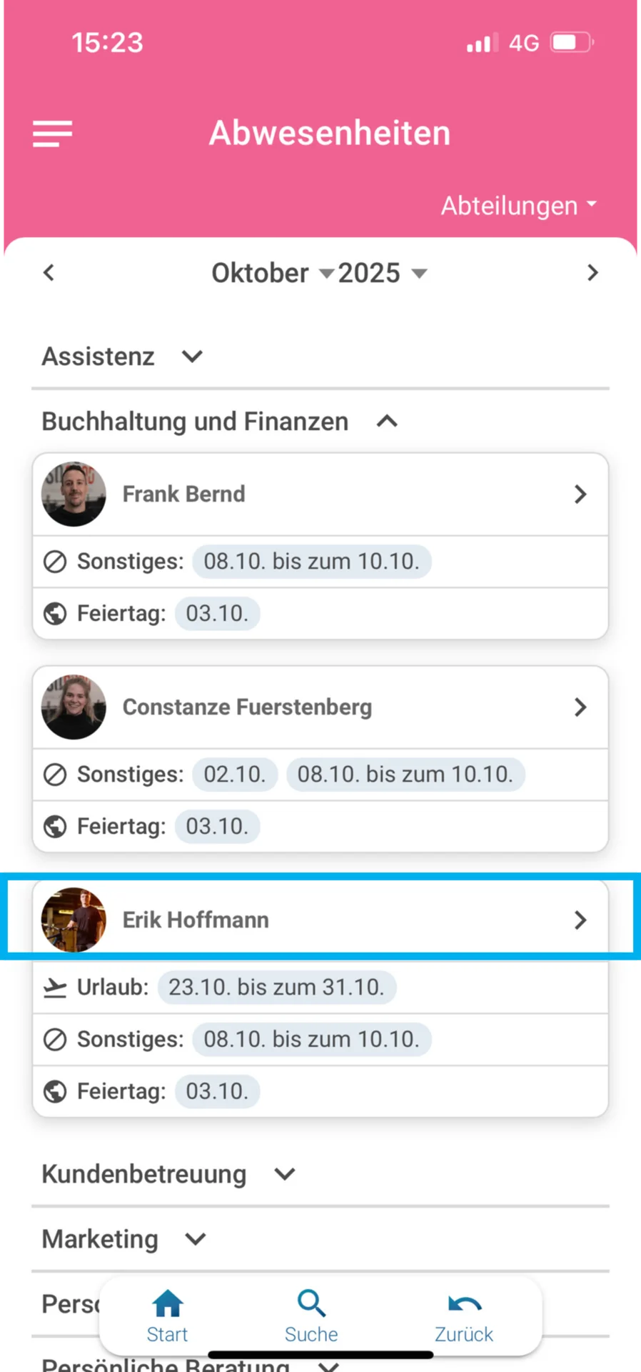 Zu sehen ist die Übersicht der Mitarbeitenden der ausgewählten Abteilung. Farblich hervorgehoben ist der Mitarbeitende Erik Hoffmann.