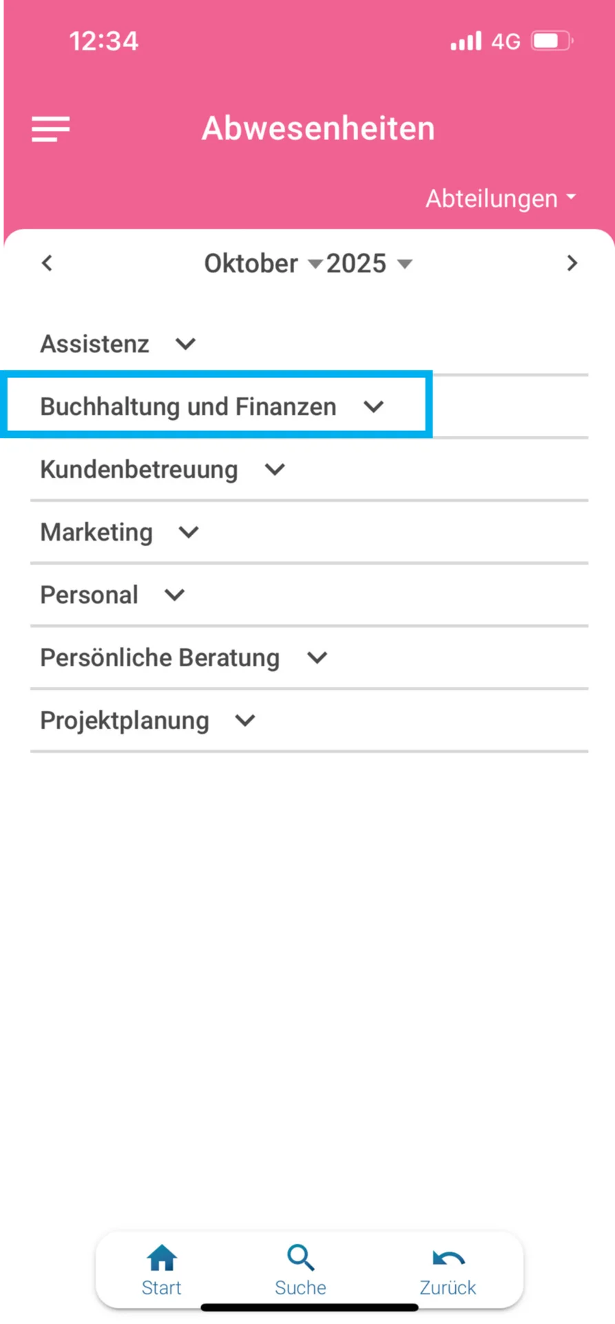 Zu sehen ist in der App die Übersicht der vorhandenen Abteilungen. Farblich hervorgehoben ist die Abteilung „Buchhaltung und Finanzen“.