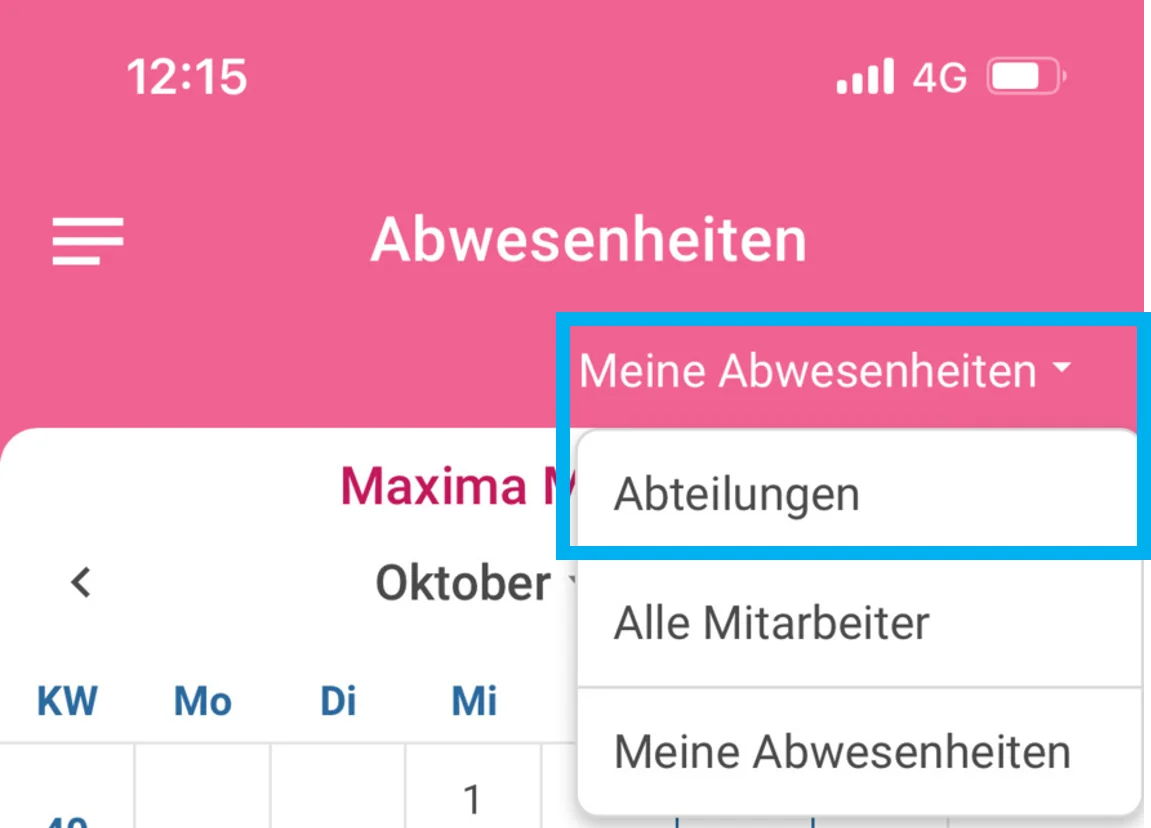 Zu sehen ist ein Ausschnitt des geöffneten Kalenders. Farblich hervorgehoben sind die Auswahl „Meine Abwesenheiten“ sowie die Unterauswahl „Abteilungen“.