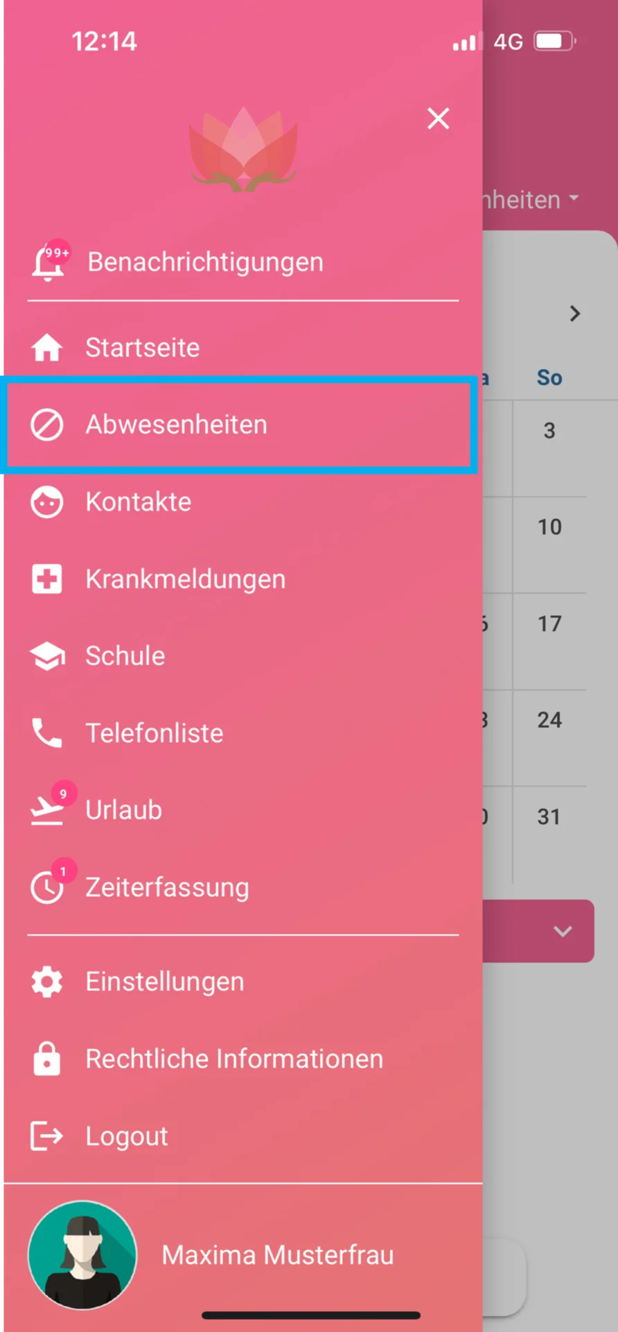 Zu sehen ist in der App die geöffnete Modulauswahl. Farblich hervorgehoben ist der Menüpunkt „Abwesenheiten“.