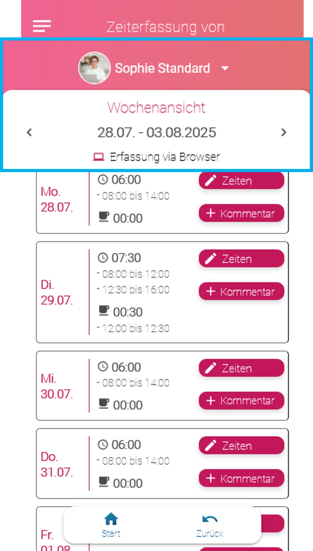 Zusehen ist die Wochenauswertung in der App. Der Bereich mit Name, ausgewählter Woche und Zeiterfassungssystem ist farblich hervorgehoben.