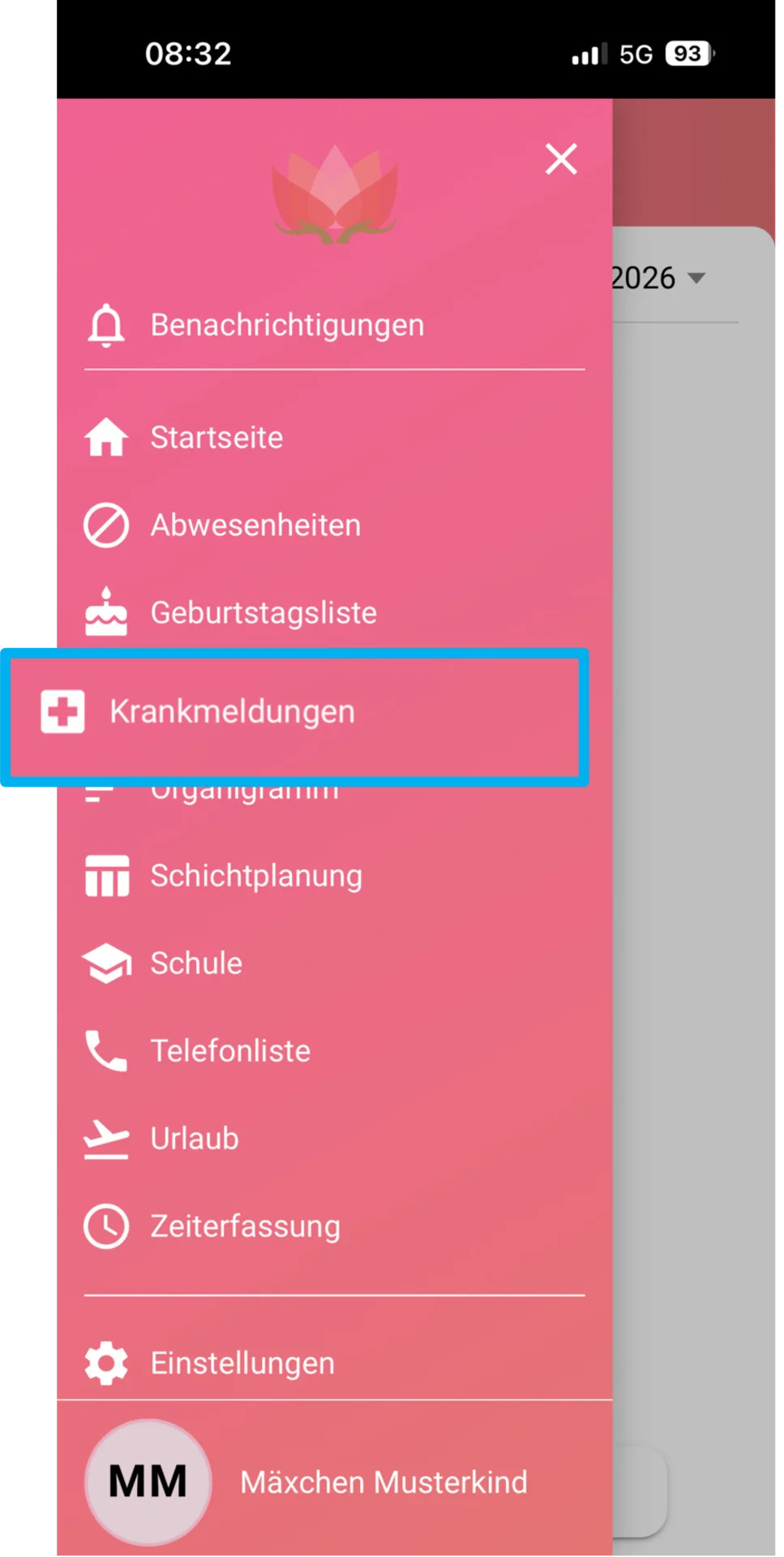 Zu sehen ist das Menü in der App. Farblich hervorgehoben ist der Menüpunkt Krankmeldungen.