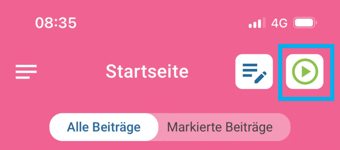 Zusehen ist die Startseite der Zeiterfassung in der App und farblich hervorgehoben ist der Button rechts