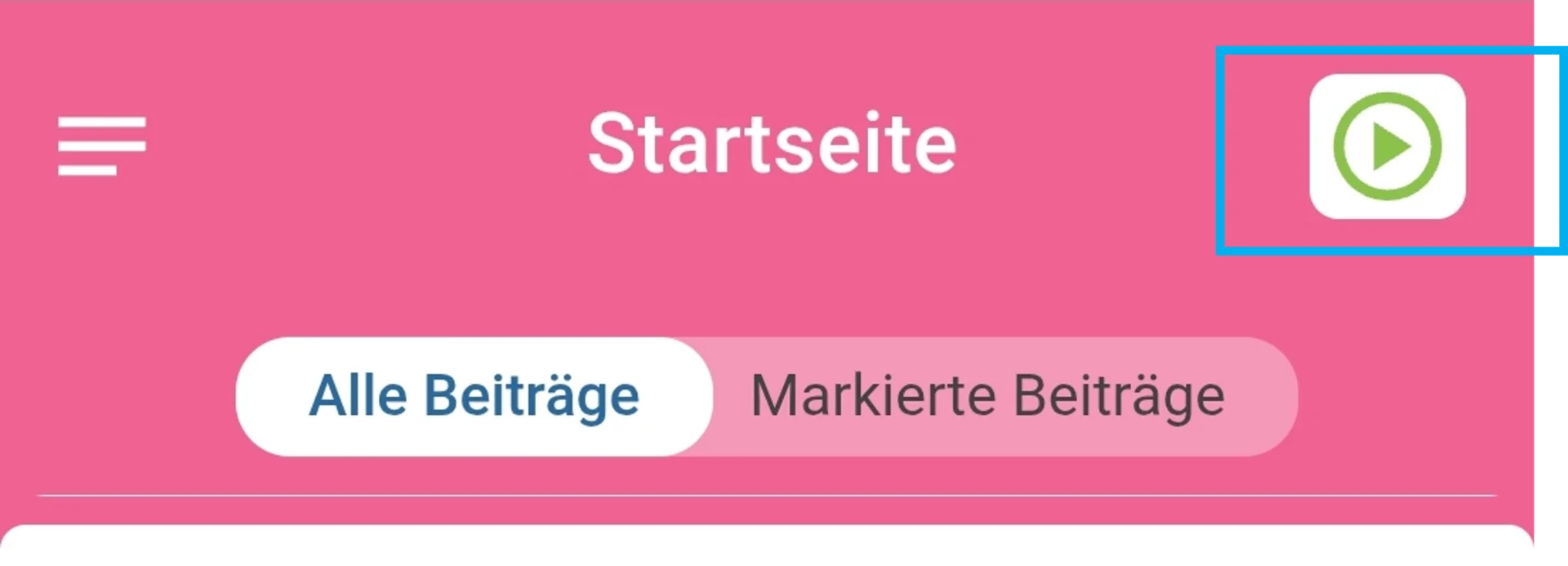 Zu sehen ist die Startseite der App. Farblich hervorgehoben ist der Zeiterfassungs-Button oben rechts.