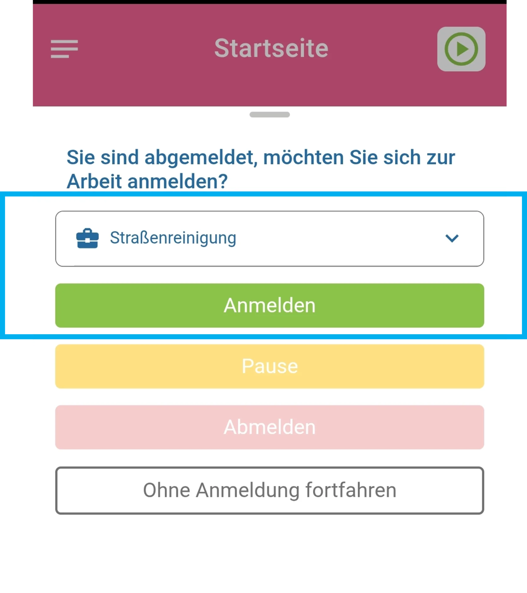 Zu sehen ist das Auswahlfenster der angelegten Projekte. Die Projekte sind farblich hervorgehoben, ebenso der Button „Anmelden“.