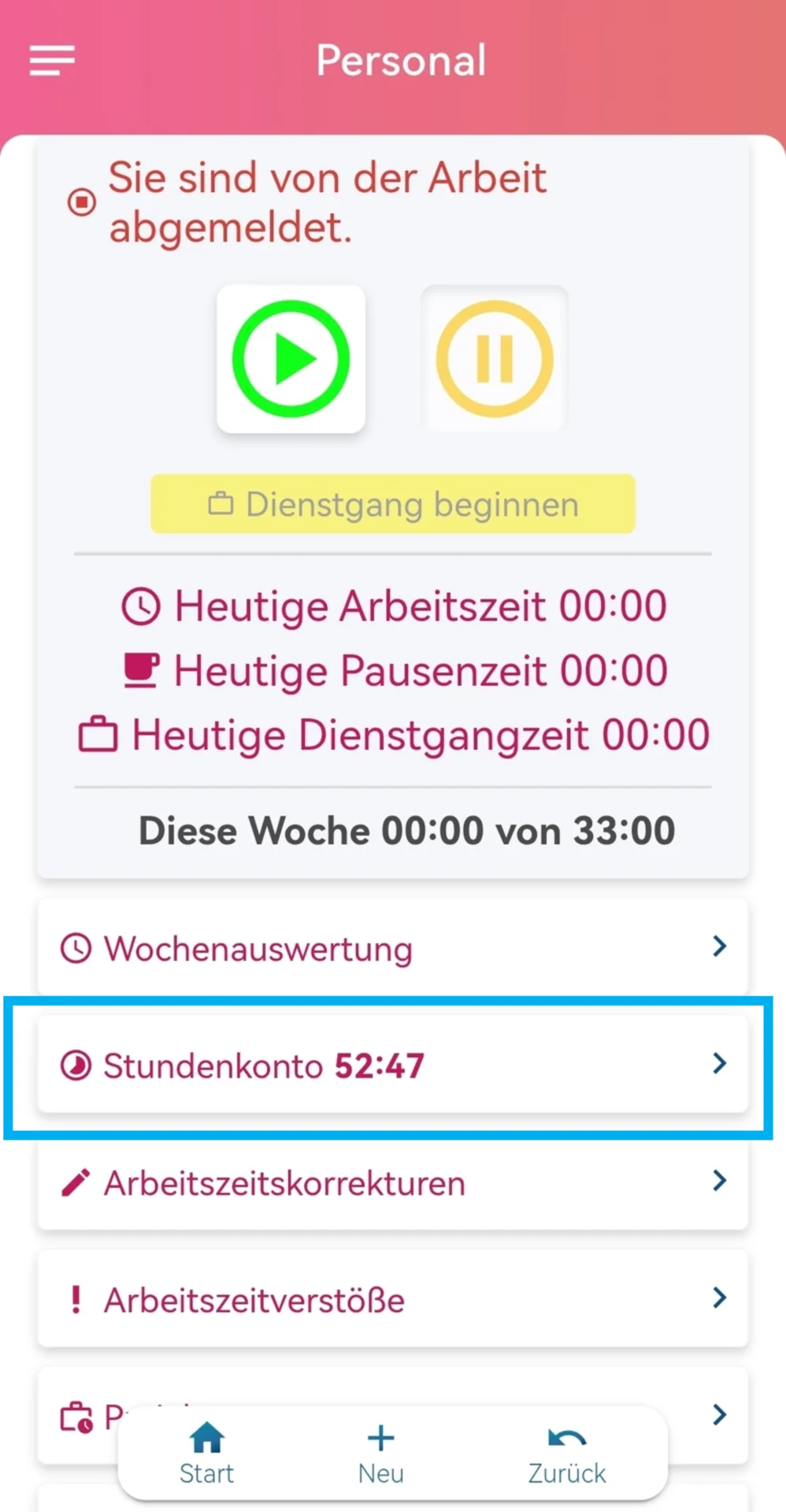 Zusehen ist die Zeiterfassung in der App und farblich hervorgehoben ist die Schaltfläche Stundenkonto. 