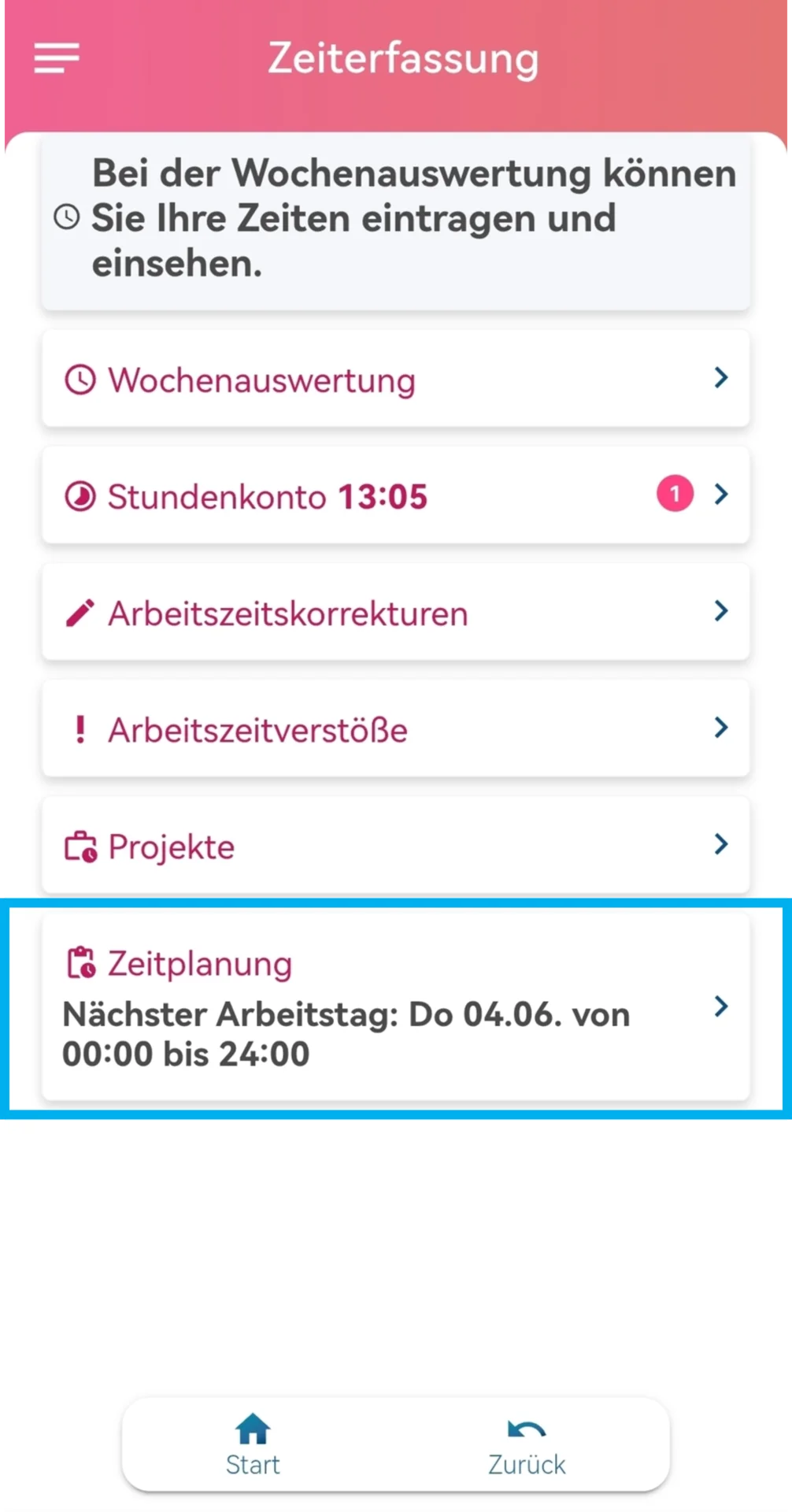 Zu sehen ist die Zeiterfassung in der App. Hervorgehoben ist die Schaltfläche „Zeitplanung“.