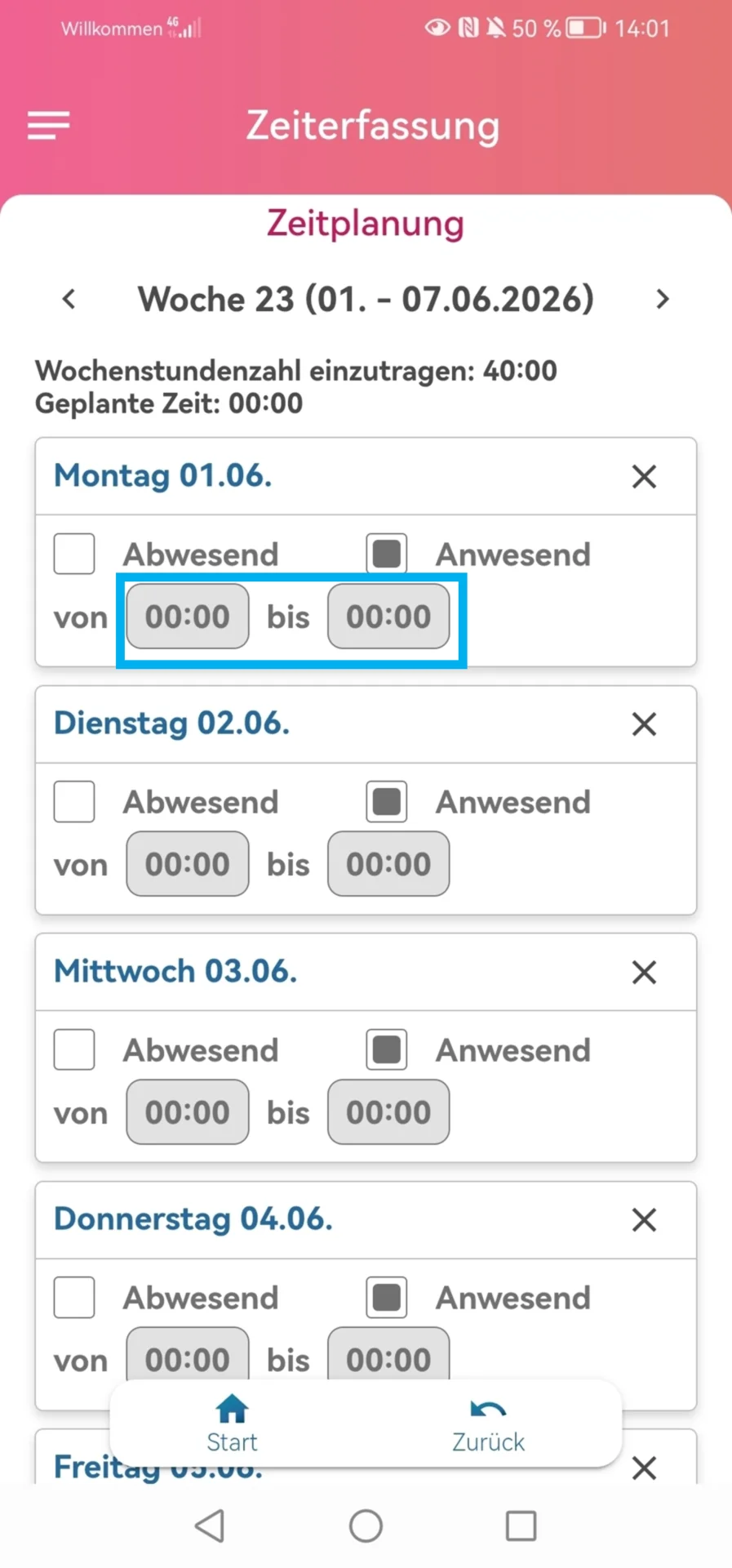 Zu sehen ist in der App die Zeitplanung. Hervorgehoben ist der Bereich zur Auswahl der Arbeitszeiten.