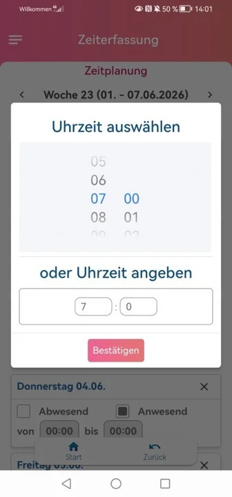 Zu sehen ist die Zeiterfassung in der App mit der geöffneten Zeitplanung.