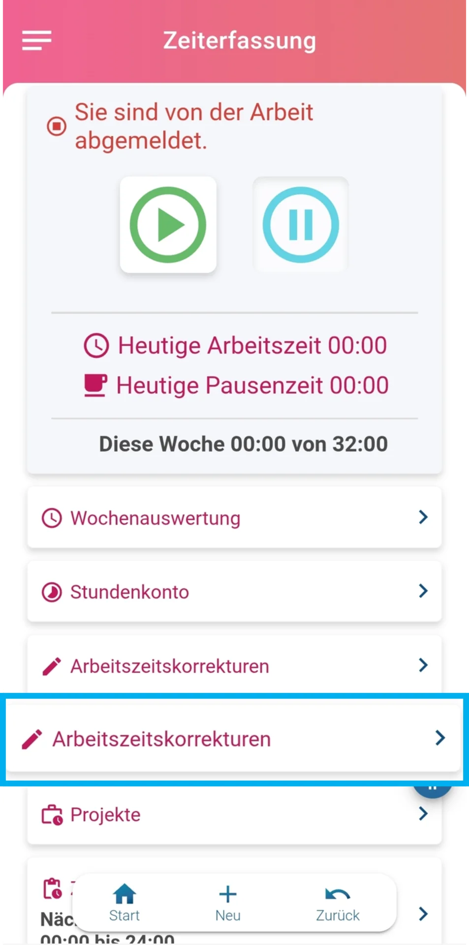 Zu sehen ist das Dashboard der Zeiterfassung in der App. Farblich hervorgehoben ist die Schaltfläche „Arbeitszeitverstöße“.