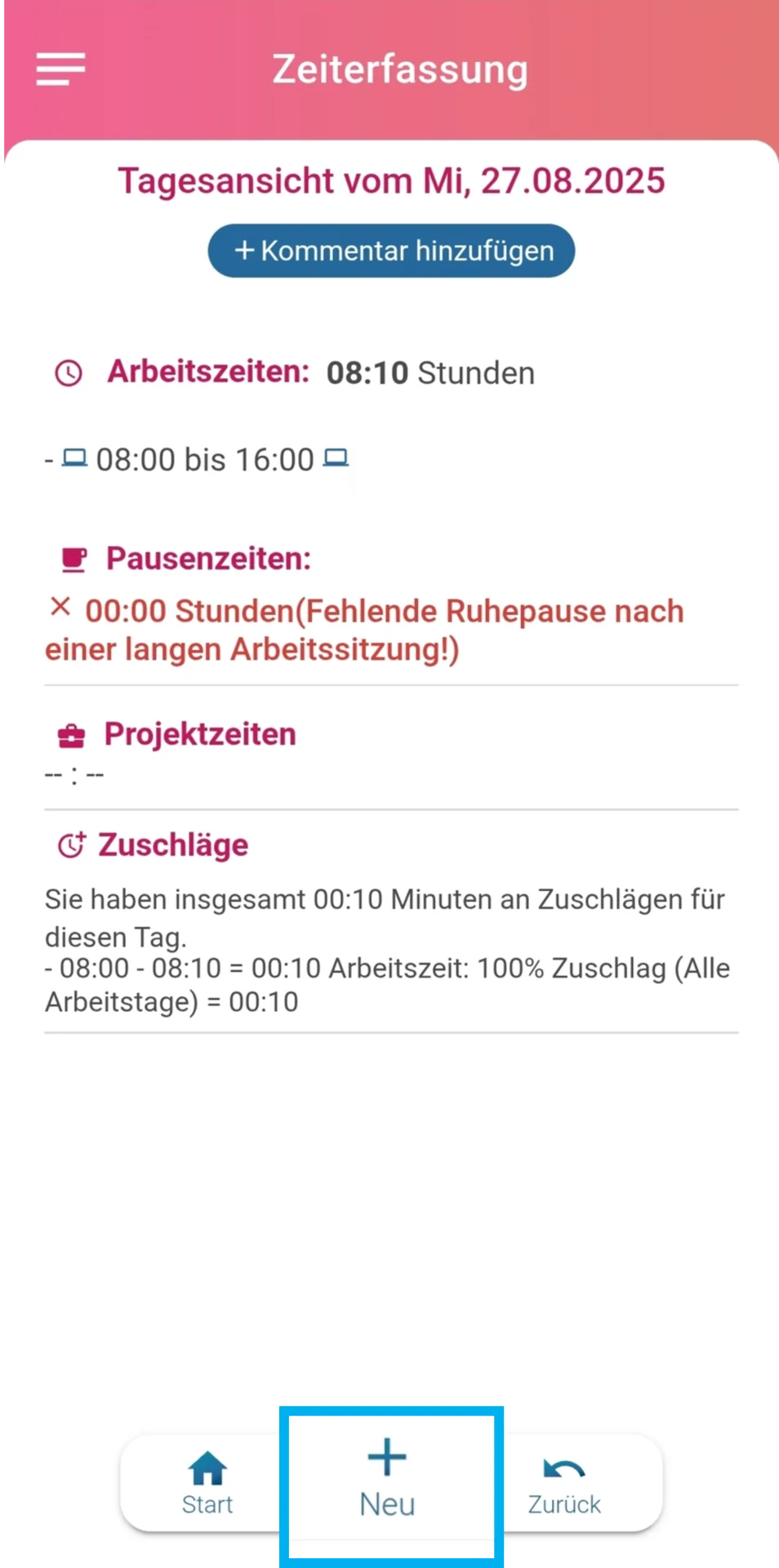 Geöffnete Tagesansicht, der Button „Neu“ im unteren Menü ist farblich hervorgehoben.