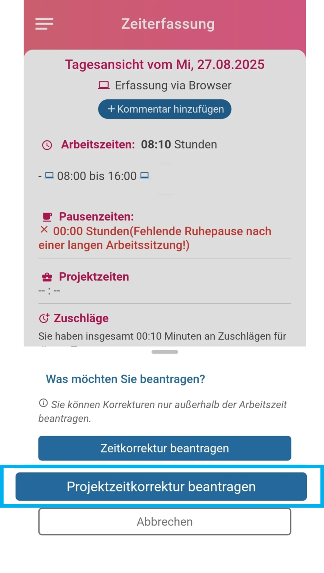 Geöffnete Tagesansicht mit den Buttons „Zeitkorrektur“ und „Projektzeitkorrektur“. Der Button „Projektzeitkorrektur“ ist farblich hervorgehoben.